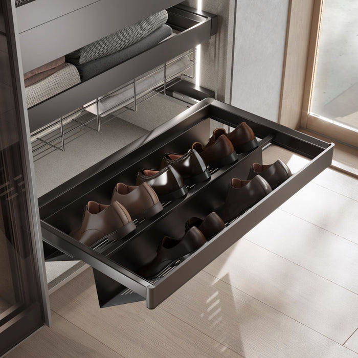 Emuca NEU | Set aus Ausziehbares Schuhregal für Schränke Quartz, verstellbar, Modul 700mm, Stahl, Aluminium und Kunststoff, Titanium