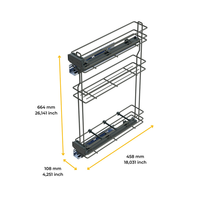 Emuca NEU | TitaneMax ausziehbares Flaschenregal SupraMax mit sanfter Schließung, linke Seite, 3 Tablets, Modul 150mm, Stahl, Anthrazitgrau