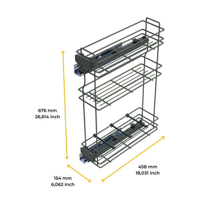 Emuca NEU | TitaneMax ausziehbares Flaschenregal SupraMax mit sanfter Schließung, linke Seite, 3 Tablets, Modul 200mm, Stahl, Anthrazitgrau