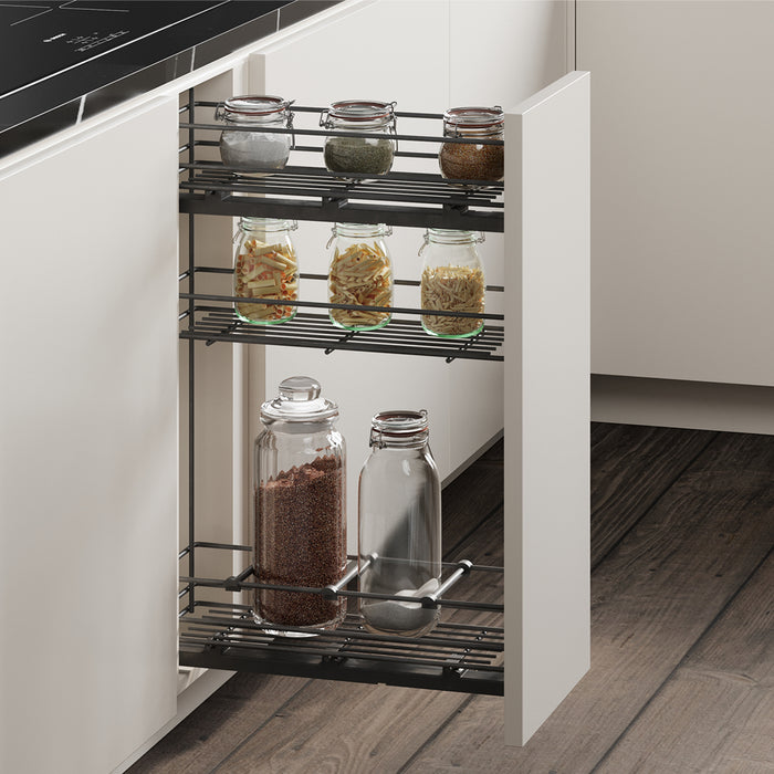 Emuca NEU | TitaneMax ausziehbares Flaschenregal SupraMax mit sanfter Schließung, linke Seite, 3 Tablets, Modul 200mm, Stahl, Anthrazitgrau