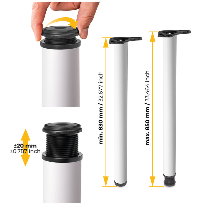 Emuca NEU | Lot von 4 Tischbeine, Durchmesser 60mm, H 830mm, Stahl, Weiß lackiert