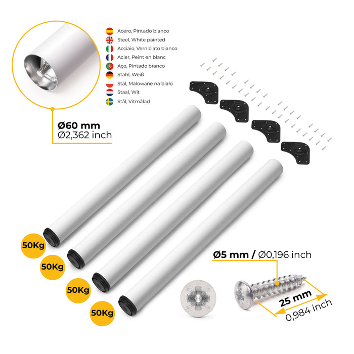 Emuca NEU | Lot von 4 Tischbeine, Durchmesser 60mm, H 830mm, Stahl, Weiß lackiert