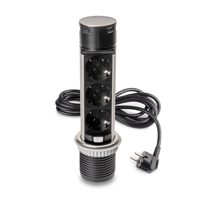 Emuca NEU | Abnehmbarer Multistecker Vertikal Push 60, Durchmesser 60mm, 3 x Schukostecker, 1 x USB Typ A, 1 x USB Typ C, Stahl und Kunststoff, Edelstahl