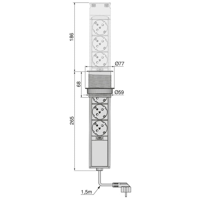 Abnehmbarer Multistecker Vertikal Push 60, Durchmesser 60mm, 3 x Schukostecker, 1 x USB Typ A, 1 x USB Typ C, Stahl und Kunststoff, Edelstahl