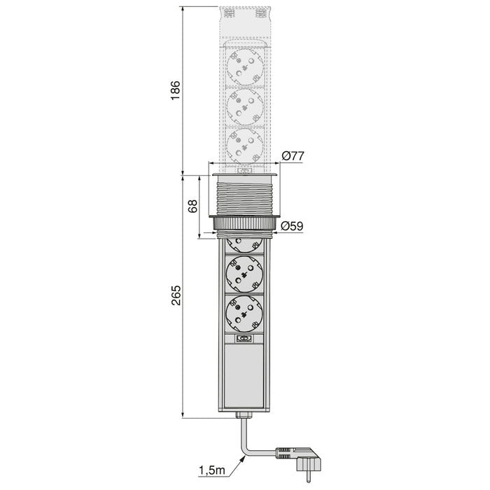 Emuca NEU | Abnehmbarer Multistecker Vertikal Push 60, Durchmesser 60mm, 3 x Schukostecker, 1 x USB Typ A, 1 x USB Typ C, Stahl und Kunststoff, Edelstahl