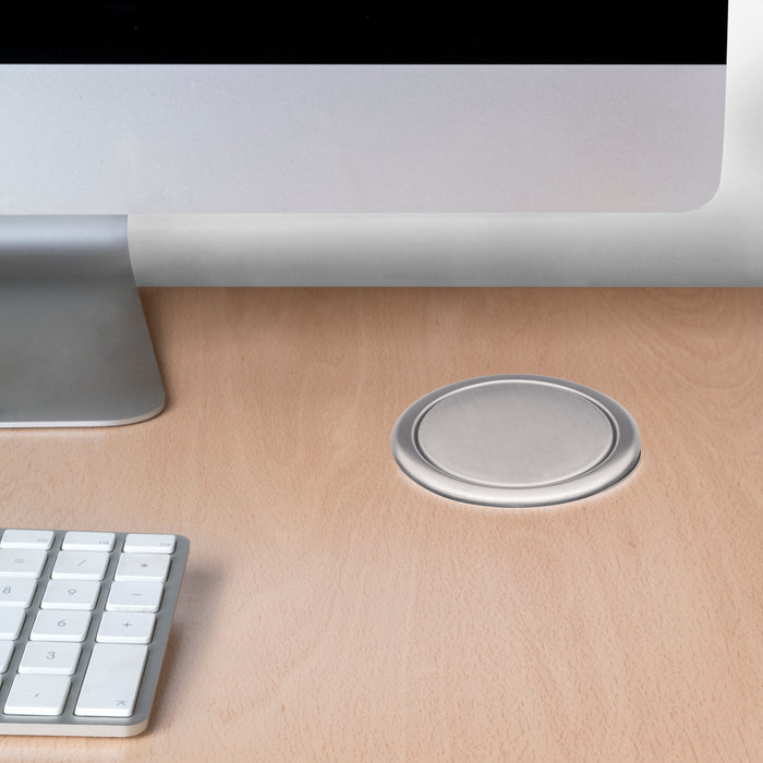 Emuca NEU | Abnehmbarer Multistecker Vertikal Push 60, Durchmesser 60mm, 3 x Schukostecker, 1 x USB Typ A, 1 x USB Typ C, Stahl und Kunststoff, Edelstahl