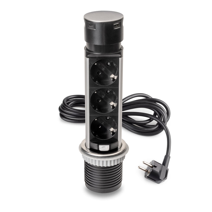 Emuca NEU | Abnehmbarer Multistecker Vertikal Push 60, Durchmesser 60mm, 3 x Schukostecker, 1 x USB Typ A, 1 x USB Typ C, Stahl und Kunststoff, Edelstahl