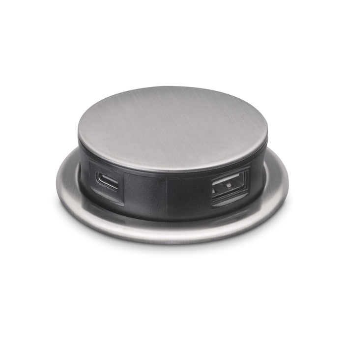 Abnehmbarer Multistecker Vertikal Push 60, Durchmesser 60mm, 3 x Schukostecker, 1 x USB Typ A, 1 x USB Typ C, Stahl und Kunststoff, Edelstahl