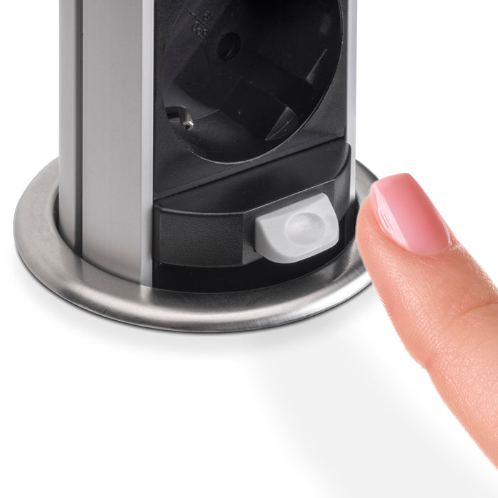 Emuca NEU | Abnehmbarer Multistecker Vertikal Push 60, Durchmesser 60mm, 3 x Schukostecker, 1 x USB Typ A, 1 x USB Typ C, Stahl und Kunststoff, Edelstahl