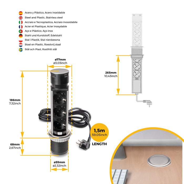 Emuca NEU | Abnehmbarer Multistecker Vertikal Push 60, Durchmesser 60mm, 3 x Schukostecker, 1 x USB Typ A, 1 x USB Typ C, Stahl und Kunststoff, Edelstahl
