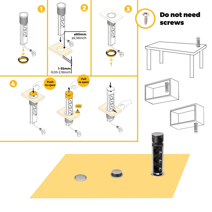 Abnehmbarer Multistecker Vertikal Push 60, Durchmesser 60mm, 3 x Schukostecker, 1 x USB Typ A, 1 x USB Typ C, Stahl und Kunststoff, Edelstahl