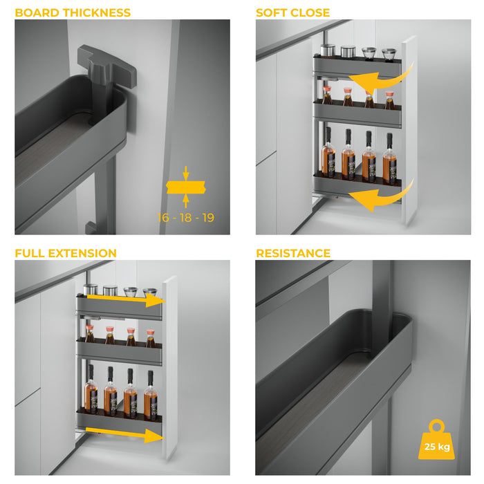 Flaschenregal seitlich ausziehbar Harmony mit Soft-Close, Modul Breite 150mm Höhe 800mm, Stahl und Holz, Anthrazitgrau