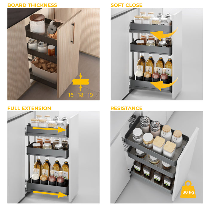 Emuca NEU | Harmony-Ausziehwagen mit Soft-Close, Modul Breite 400mm Höhe 800mm, Stahl und Holz, Anthrazitgrau