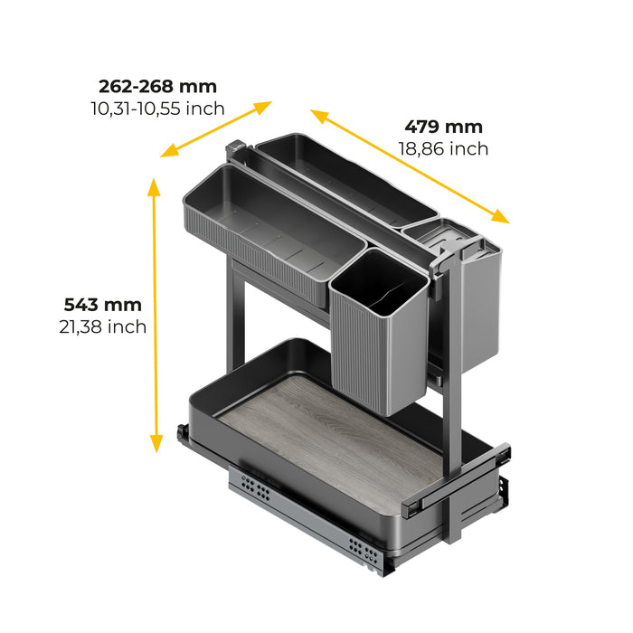 Harmony-Ausziehregal mit Körben und Zubehör mit Soft-Close, Modul Breite 300mm Höhe 700mm, Stahl und Holz, Anthrazitgrau