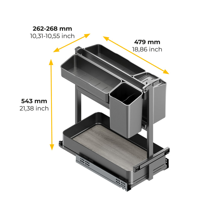 Emuca NEU | Harmony-Ausziehregal mit Körben und Zubehör mit Soft-Close, Modul Breite 300mm Höhe 700mm, Stahl und Holz, Anthrazitgrau