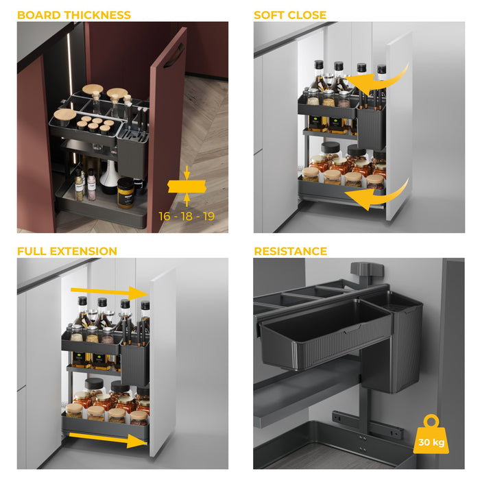 Harmony-Ausziehregal mit Körben und Zubehör mit Soft-Close, Modul Breite 300mm Höhe 700mm, Stahl und Holz, Anthrazitgrau