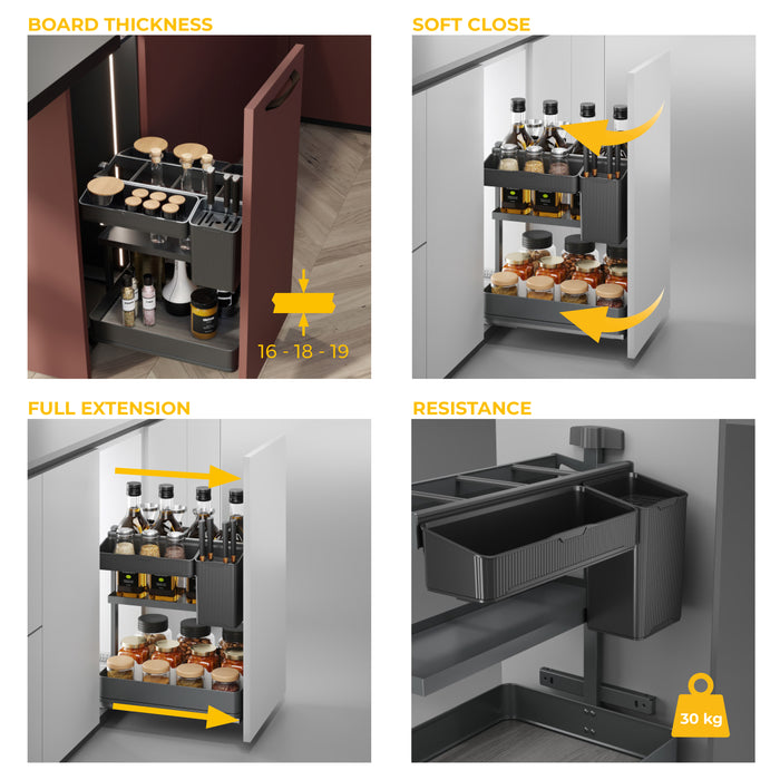 Emuca NEU | Harmony-Ausziehregal mit Körben und Zubehör mit Soft-Close, Modul Breite 300mm Höhe 700mm, Stahl und Holz, Anthrazitgrau