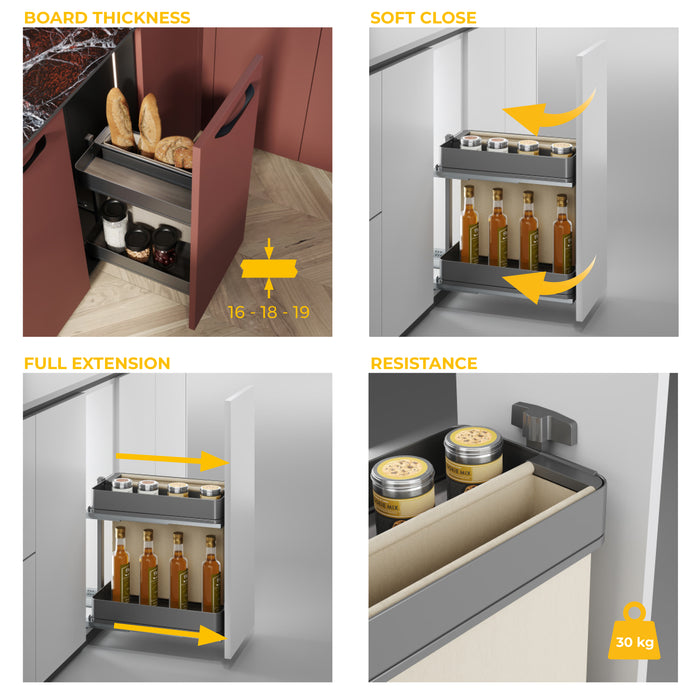 Emuca NEU | Harmony-Ausziehregal mit Körben und Brotkasten mit Soft-Close, Modul Breite 300mm Höhe 700mm, Stahl und Holz, Anthrazitgrau