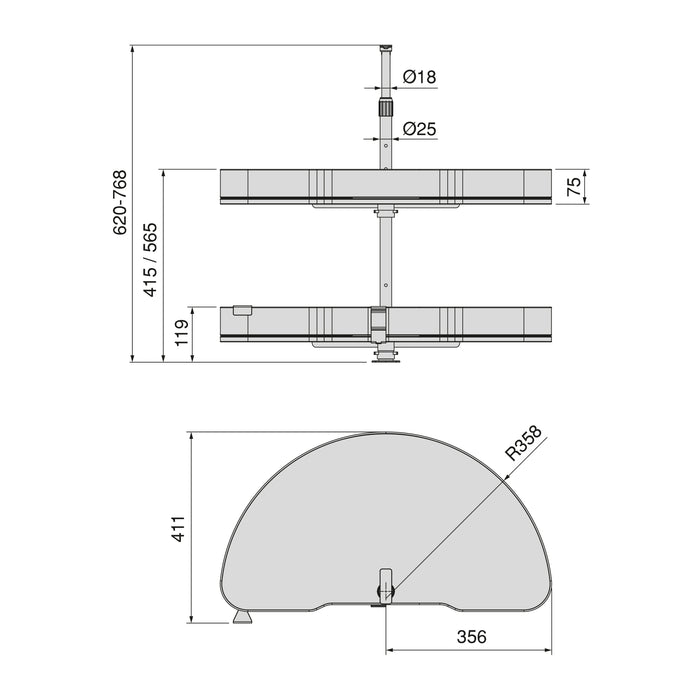 Emuca NEU | Satz Harmony 1/2 drehbare Ablagen für Küchenschränke, Modulbreite 800mm, höhenverstellbar, Stahl und Holz, Anthrazitgrau