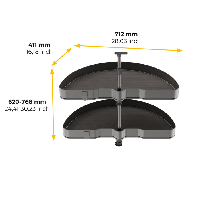 Satz Harmony 1/2 drehbare Ablagen für Küchenschränke, Modulbreite 800mm, höhenverstellbar, Stahl und Holz, Anthrazitgrau