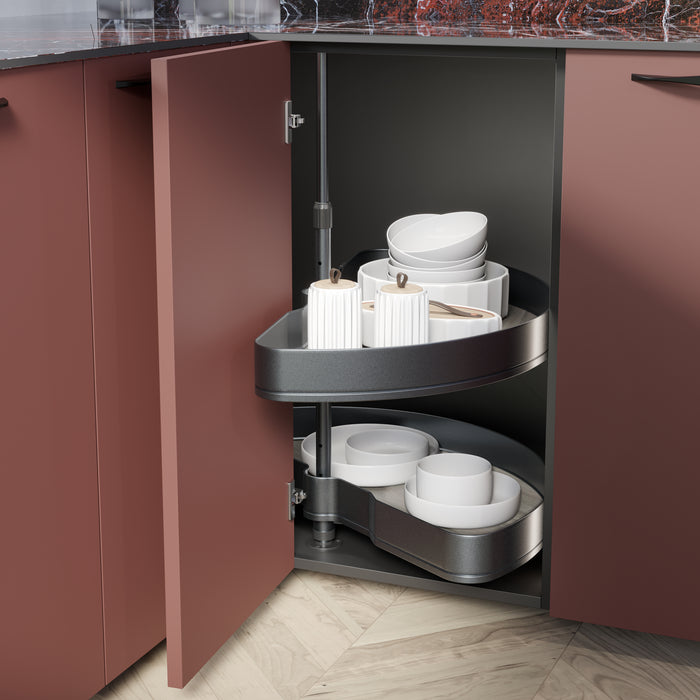 Emuca NEU | Satz Harmony 1/2 drehbare Ablagen für Küchenschränke, Modulbreite 800mm, höhenverstellbar, Stahl und Holz, Anthrazitgrau