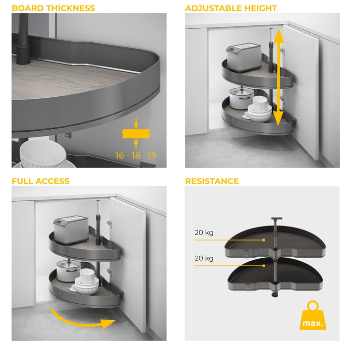 Satz Harmony 1/2 drehbare Ablagen für Küchenschränke, Modulbreite 800mm, höhenverstellbar, Stahl und Holz, Anthrazitgrau