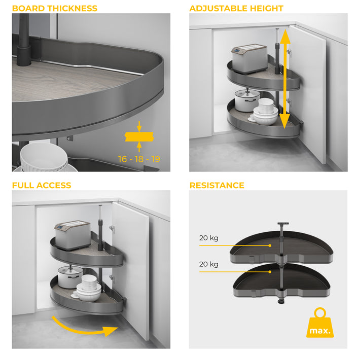 Emuca NEU | Satz Harmony 1/2 drehbare Ablagen für Küchenschränke, Modulbreite 800mm, höhenverstellbar, Stahl und Holz, Anthrazitgrau