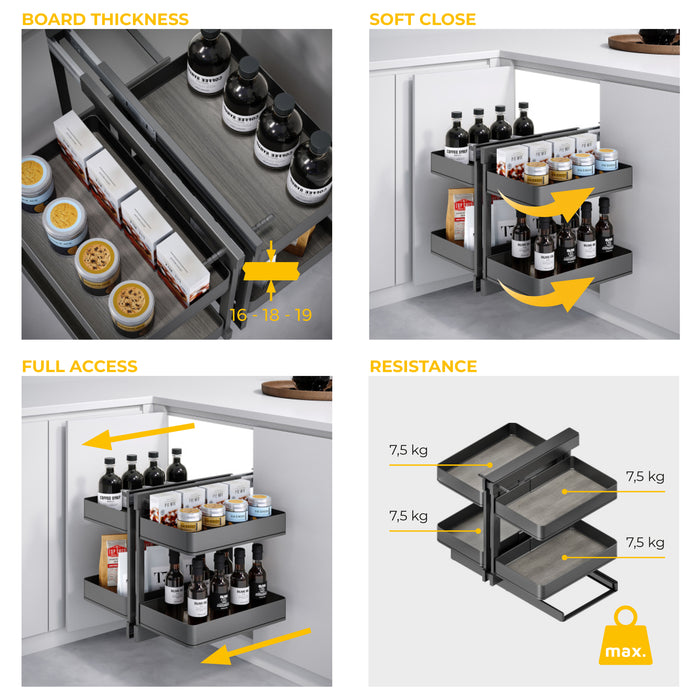 Emuca NEU | Harmony Auszugsklapp-Ecksystem für Küchenmöbel, Rechts/Links, Stahl und Holz, Anthrazitgrau