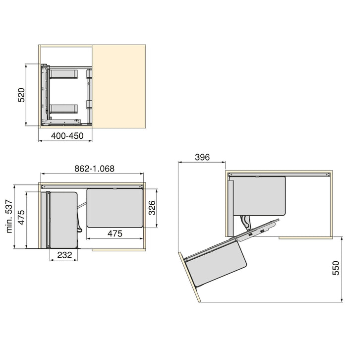 Harmony Eckauszugssystem für Küchenmöbel, Links, Stahl und Holz, Anthrazitgrau
