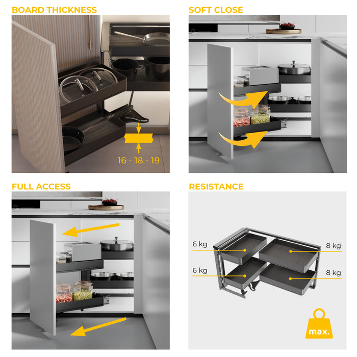 Emuca NEU | Harmony Eckauszugssystem für Küchenmöbel, Links, Stahl und Holz, Anthrazitgrau