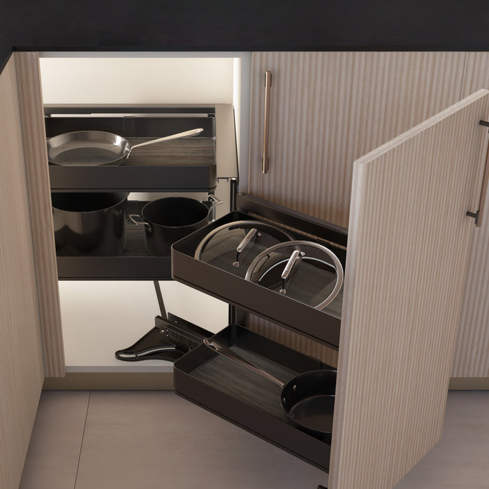 Emuca NEU | Harmony Eckauszugssystem für Küchenmöbel, Rechts, Stahl und Holz, Anthrazitgrau