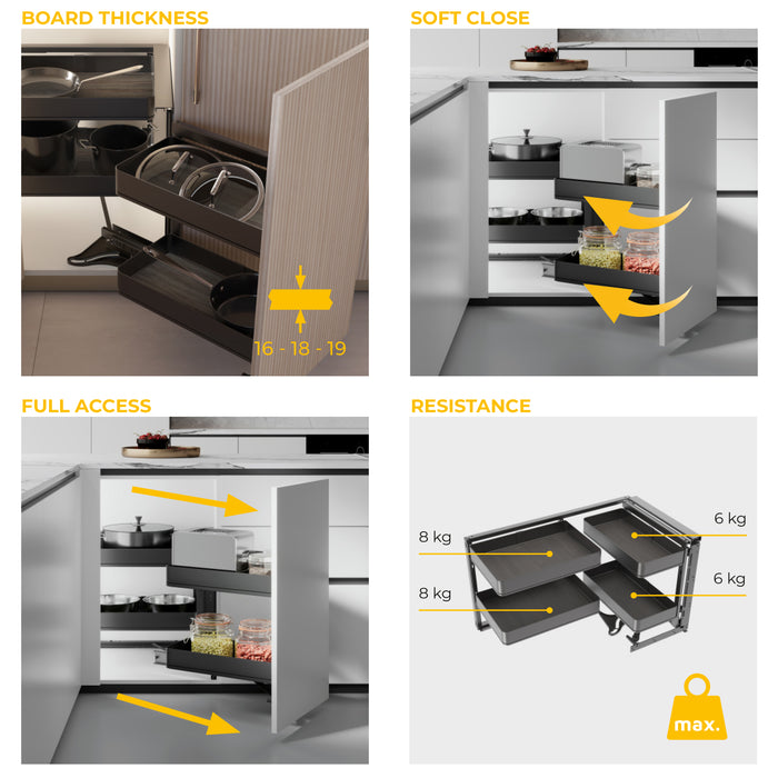 Emuca NEU | Harmony Eckauszugssystem für Küchenmöbel, Rechts, Stahl und Holz, Anthrazitgrau