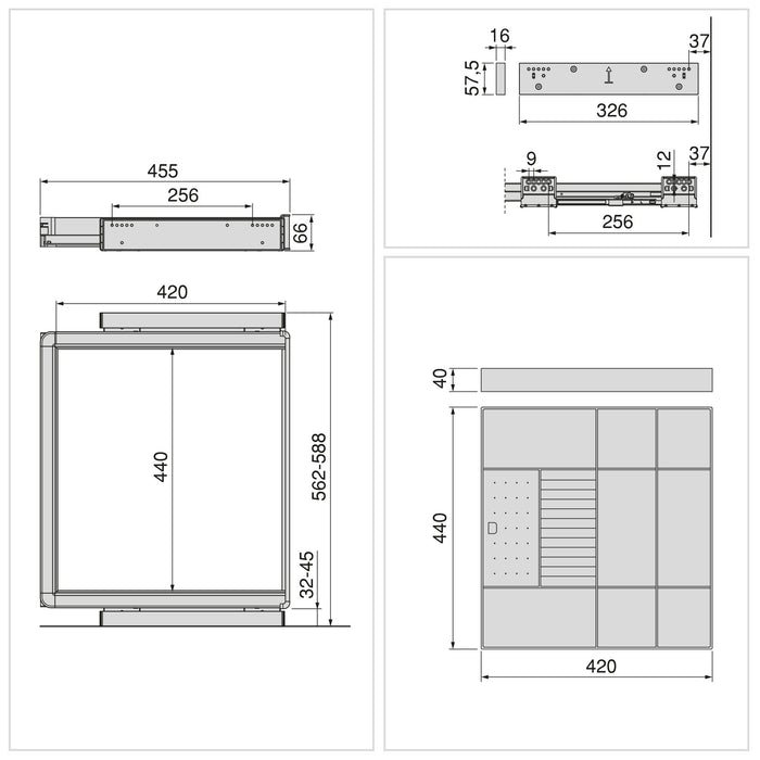 Satz Organisationsschublade und ahmen für Schrank Quartz, mit Softclose-Vollauszug, Modul 60cm, Titanium