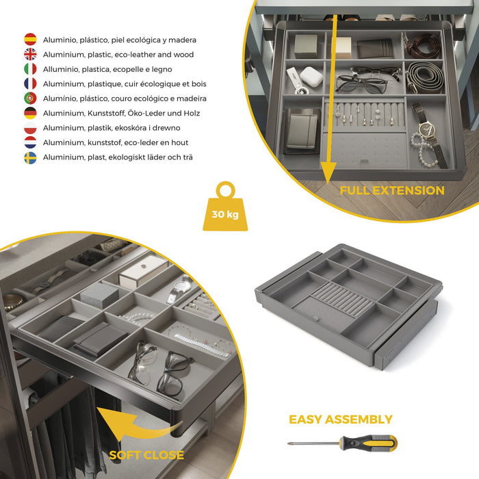 Satz Organisationsschublade und ahmen für Schrank Quartz, mit Softclose-Vollauszug, Modul 60cm, Titanium