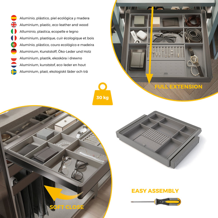 Emuca NEU | Satz Organisationsschublade und ahmen für Schrank Quartz, mit Softclose-Vollauszug, Modul 60cm, Titanium