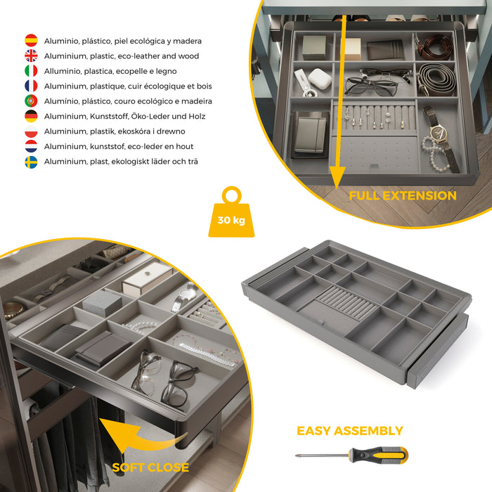 Emuca NEU | Satz Organisationsschublade und ahmen für Schrank Quartz, mit Softclose-Vollauszug, Modul 80cm, Titanium