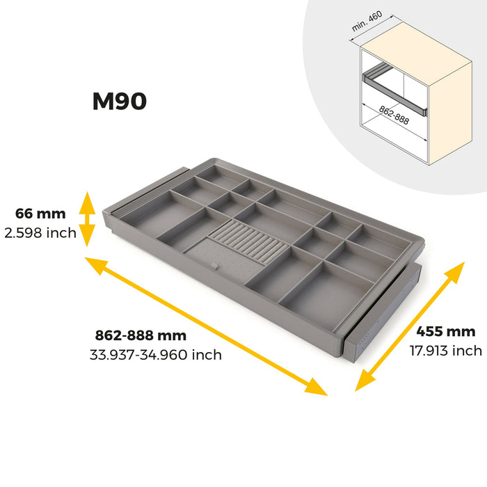 Satz Organisationsschublade und ahmen für Schrank Quartz, mit Softclose-Vollauszug, Modul 90cm, Titanium