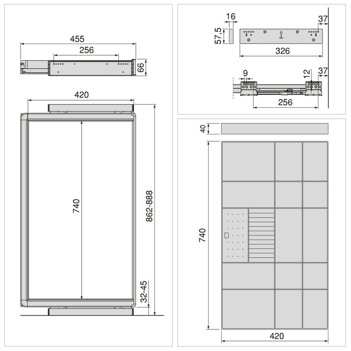 Satz Organisationsschublade und ahmen für Schrank Quartz, mit Softclose-Vollauszug, Modul 90cm, Titanium