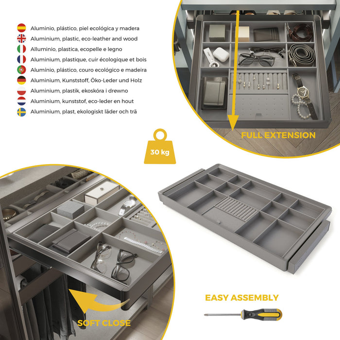 Satz Organisationsschublade und ahmen für Schrank Quartz, mit Softclose-Vollauszug, Modul 90cm, Titanium
