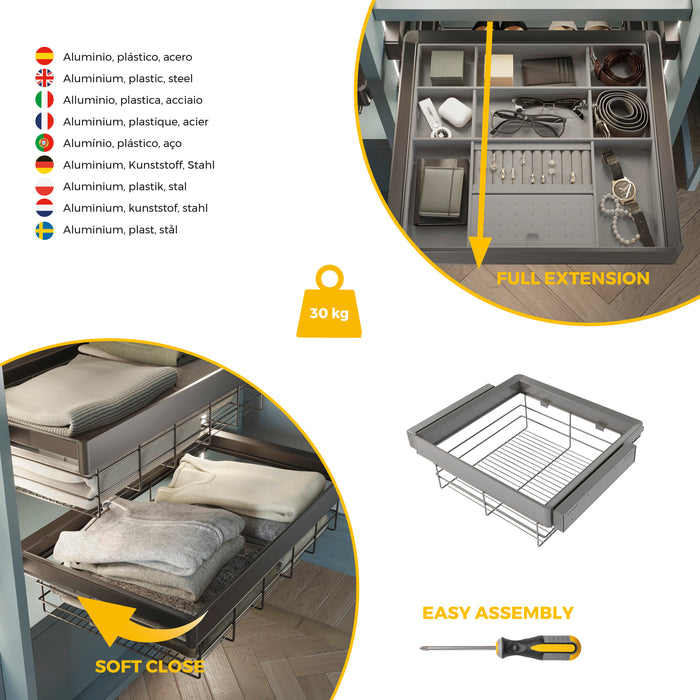 Emuca NEU | Satz Schublade und ahmen für Schrank Quartz, mit Softclose-Vollauszug, Modul 60cm, Titanium