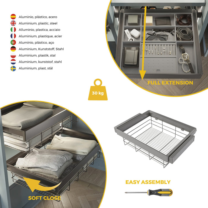 Satz Schublade und ahmen für Schrank Quartz, mit Softclose-Vollauszug, Modul 70cm, Titanium