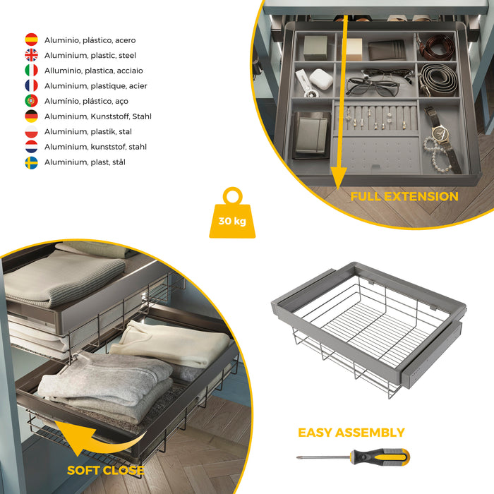 Emuca NEU | Satz Schublade und ahmen für Schrank Quartz, mit Softclose-Vollauszug, Modul 70cm, Titanium