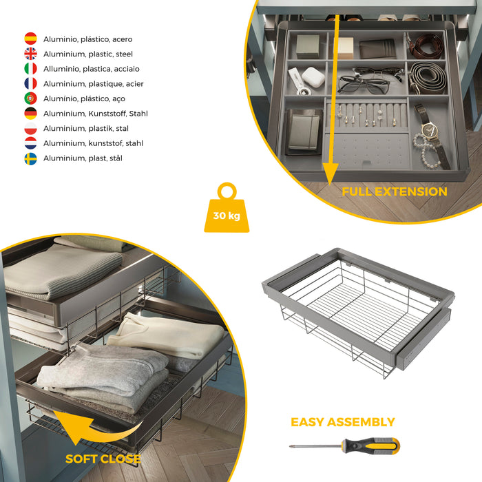 Emuca NEU | Satz Schublade und ahmen für Schrank Quartz, mit Softclose-Vollauszug, Modul 80cm, Titanium