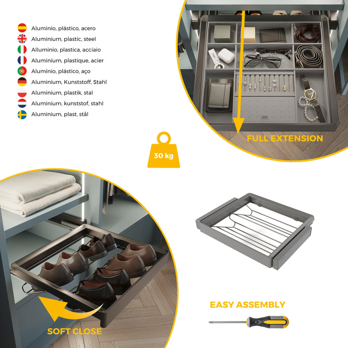 Emuca NEU | Satz aus Schuhschublade und ahmen für Schrank Quartz, mit Soft-Close- und Vollauszugsschienen, Modul 60 cm, Titan-Oberfläche