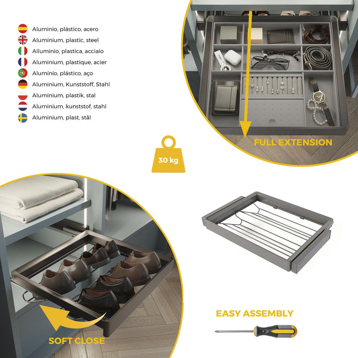 Satz aus Schuhschublade und ahmen für Schrank Quartz, mit Soft-Close- und Vollauszugsschienen, Modul 70 cm, Titan-Oberfläche