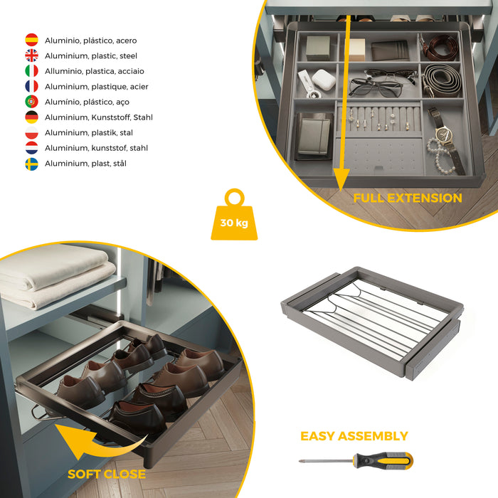 Emuca NEU | Satz aus Schuhschublade und ahmen für Schrank Quartz, mit Soft-Close- und Vollauszugsschienen, Modul 70 cm, Titan-Oberfläche