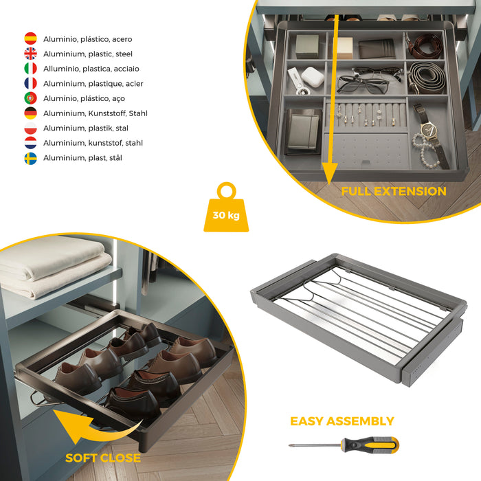 Emuca NEU | Satz aus Schuhschublade und ahmen für Schrank Quartz, mit Soft-Close- und Vollauszugsschienen, Modul 80 cm, Titan-Oberfläche