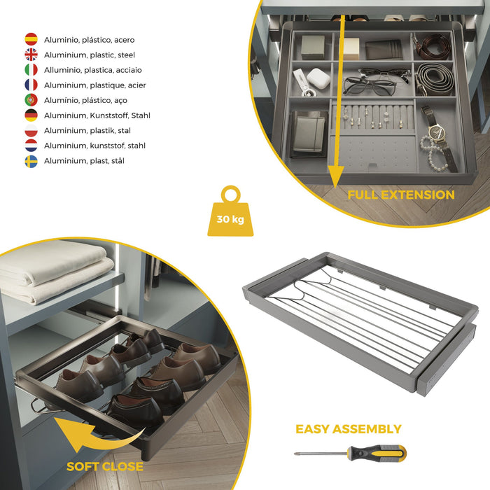 Satz aus Schuhschublade und ahmen für Schrank Quartz, mit Soft-Close- und Vollauszugsschienen, Modul 90 cm, Titan-Oberfläche