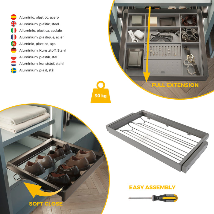 Emuca NEU | Satz aus Schuhschublade und ahmen für Schrank Quartz, mit Soft-Close- und Vollauszugsschienen, Modul 90 cm, Titan-Oberfläche