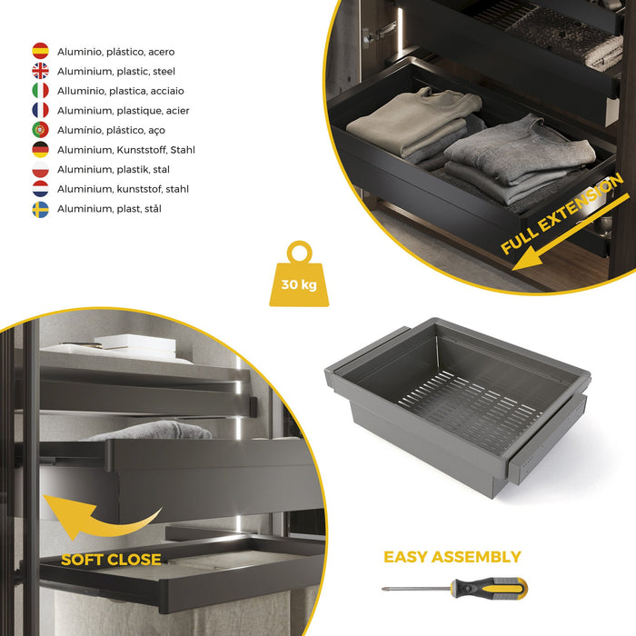 Satz aus Metallkasten und ahmen für Schrank Quartz, mit Soft-Close- und Vollauszugsschienen, Modul 70cm, Titanium